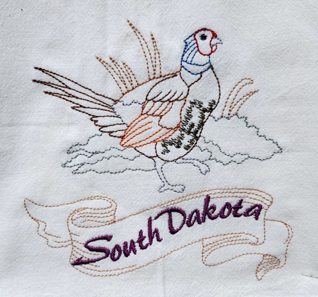South Dakota State Bird Ring-Necked Pheasant OR State Flower Pasque Flower Machine Embroidered Flour Sack Dish Towels