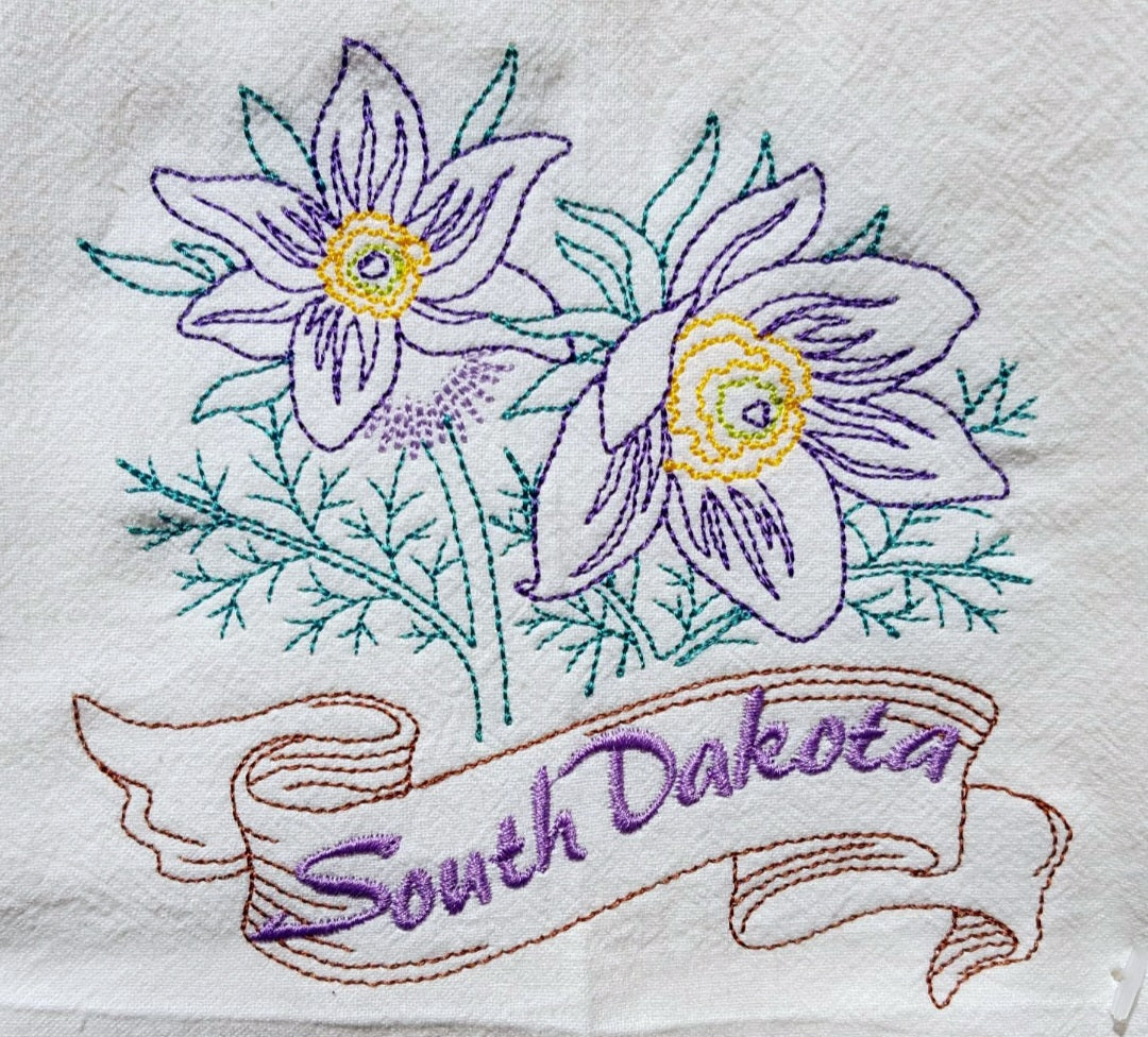 South Dakota State Bird Ring-Necked Pheasant OR State Flower Pasque Flower Machine Embroidered Flour Sack Dish Towels