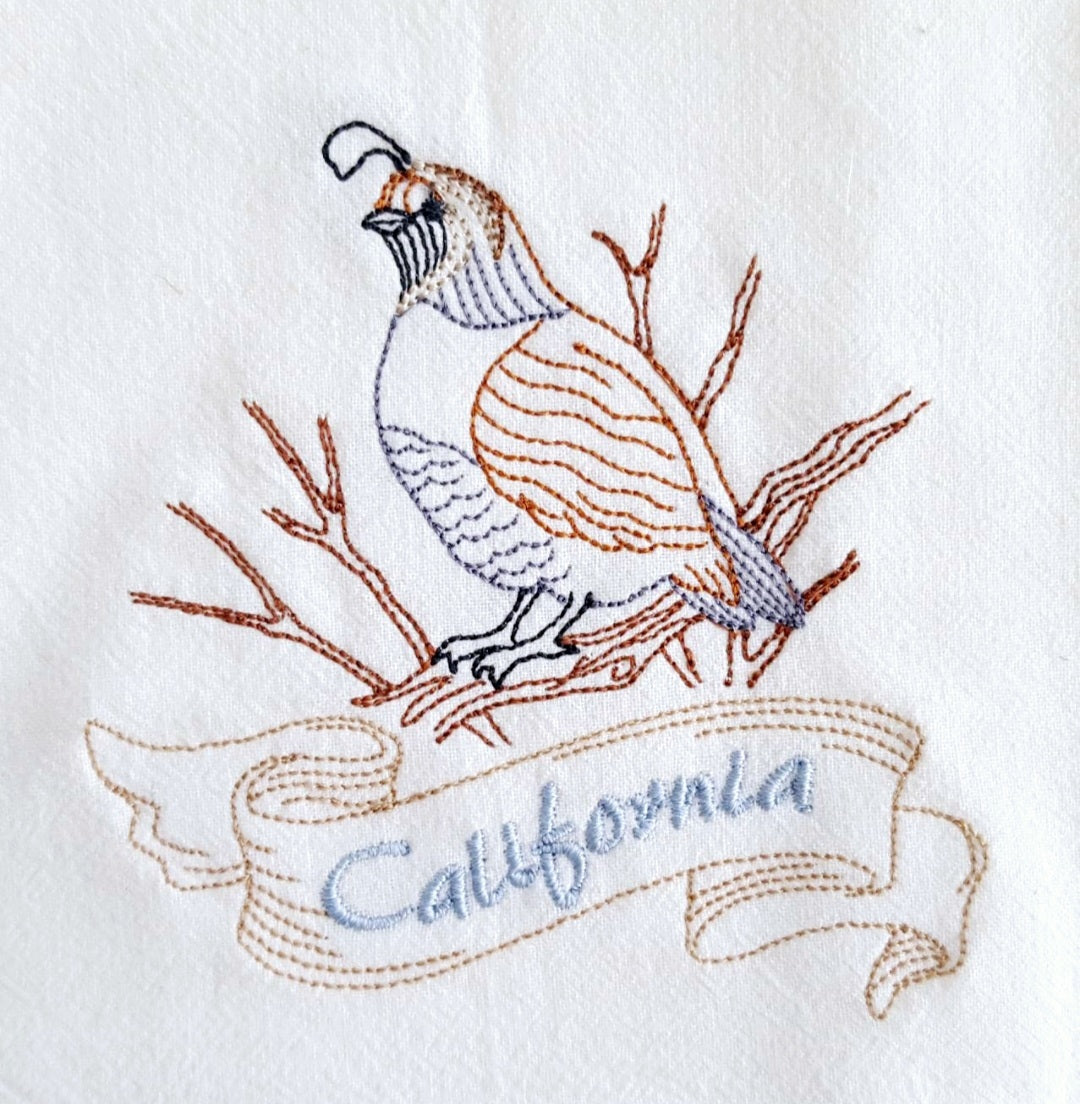California State Bird Quail OR State Flower California Poppy Machine Embroidered Flour Sack Dish Towel