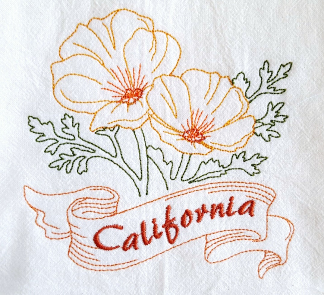 California State Bird Quail OR State Flower California Poppy Machine Embroidered Flour Sack Dish Towel