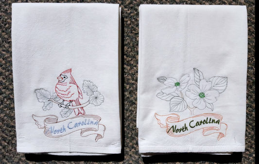 North Carolina State Bird Cardinal OR State Flower Dogwood Machine Embroidered Flour Sack Dish Towels