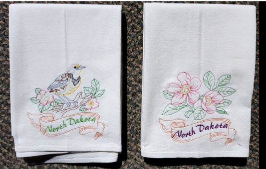 North Dakota State Bird Western Meadowlark OR State Flower Wild Prairie Rose Machine Embroidered Flour Sack Dish Towels