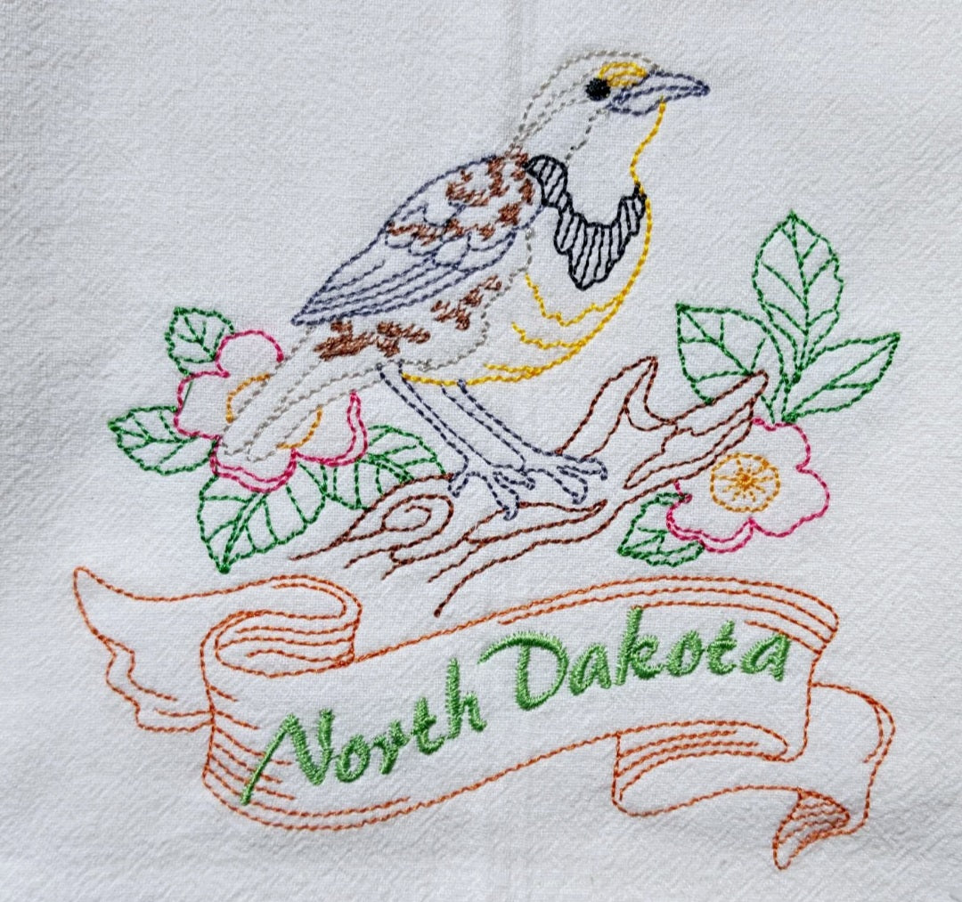 North Dakota State Bird Western Meadowlark OR State Flower Wild Prairie Rose Machine Embroidered Flour Sack Dish Towels