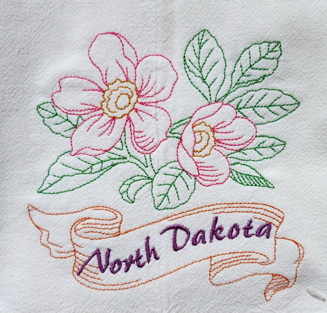 North Dakota State Bird Western Meadowlark OR State Flower Wild Prairie Rose Machine Embroidered Flour Sack Dish Towels