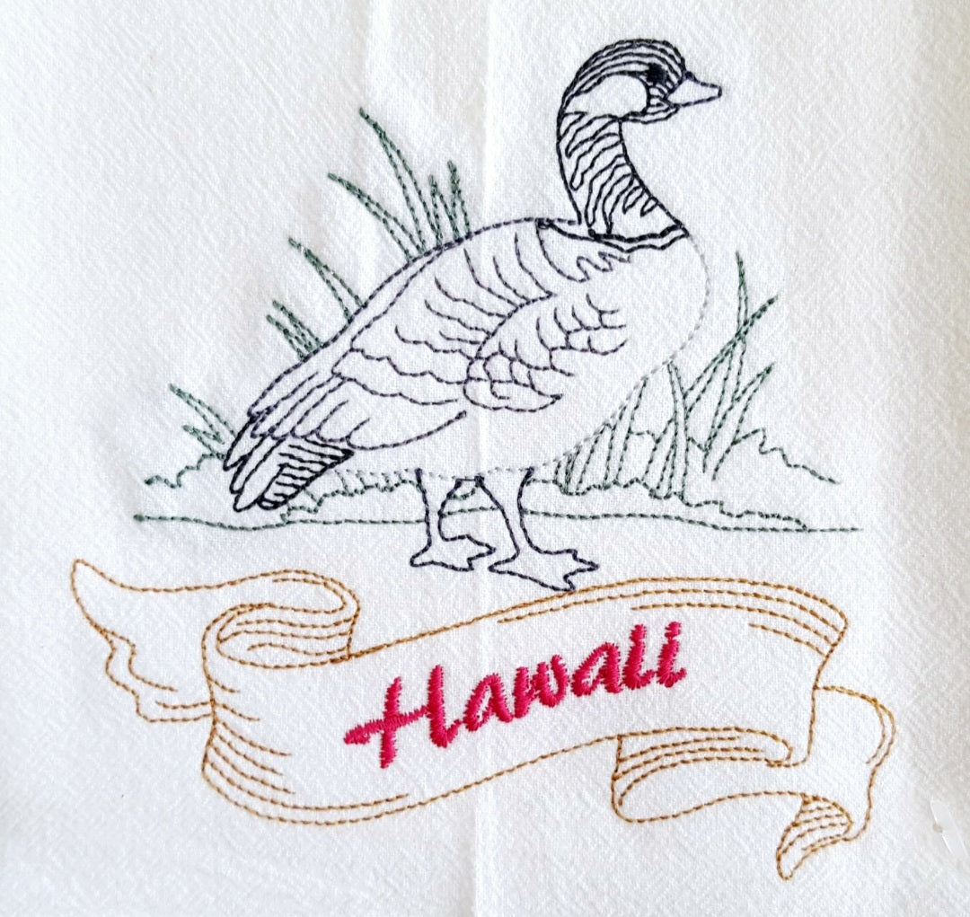 Hawaii State Bird Nene OR State Flower Hibiscus Machine Embroidered Flour Sack Dish Towels