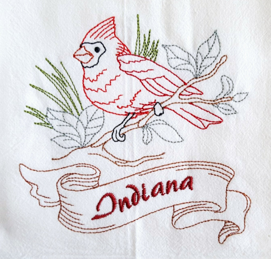 Indiana State Bird Cardinal OR State Flower Peony Machine Embroidered Flour Sack Dish Towel