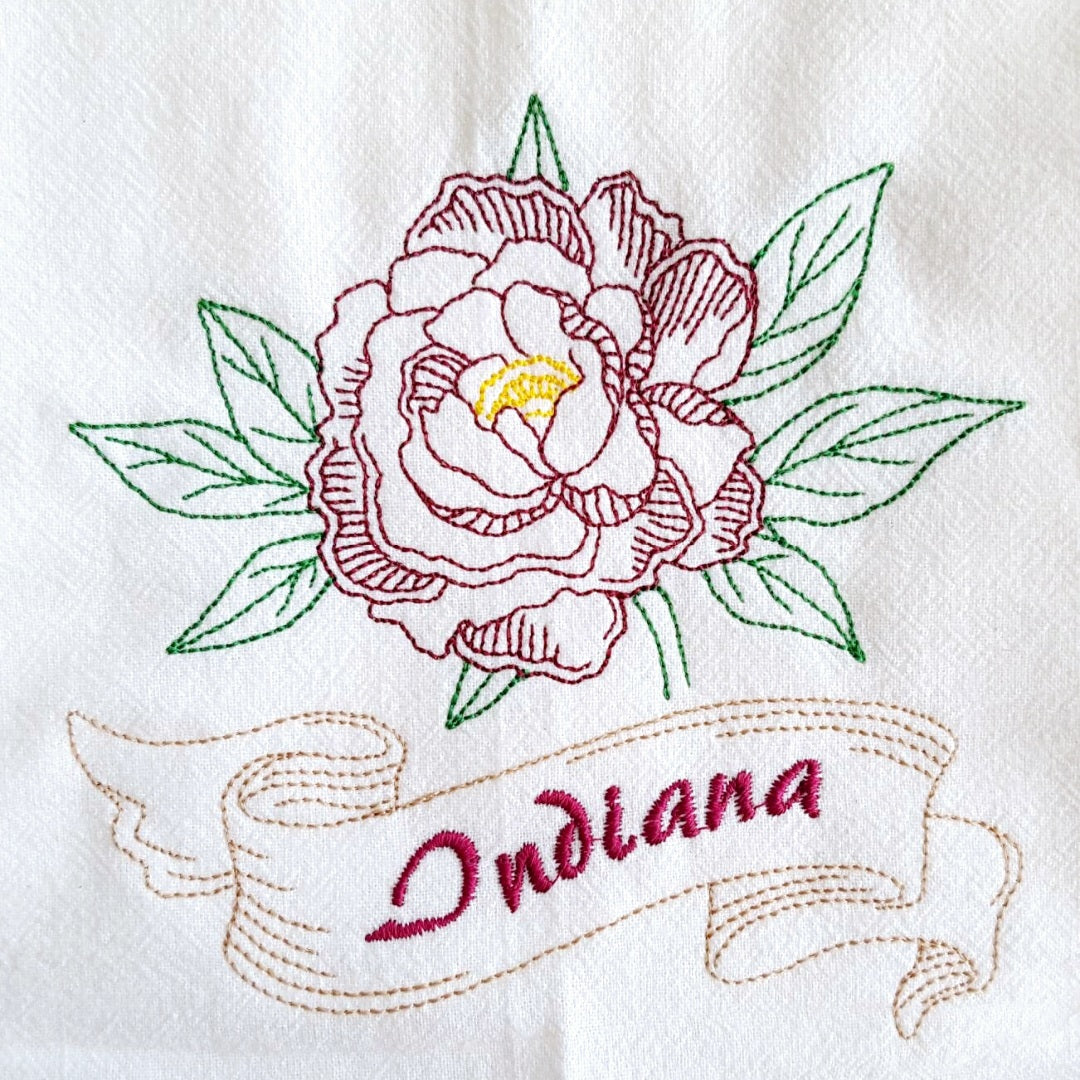 Indiana State Bird Cardinal OR State Flower Peony Machine Embroidered Flour Sack Dish Towel