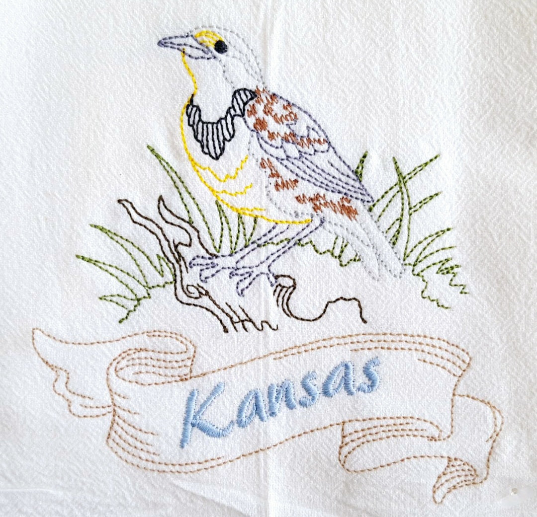 Kansas State Bird Western Meadowlark OR State Flower Sunflower Machine Embroidered Flour Sack Dish Towels