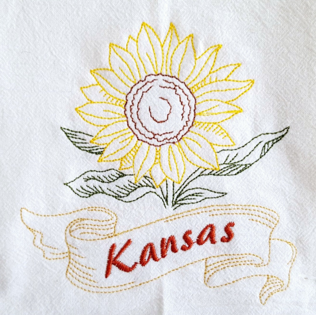 Kansas State Bird Western Meadowlark OR State Flower Sunflower Machine Embroidered Flour Sack Dish Towels