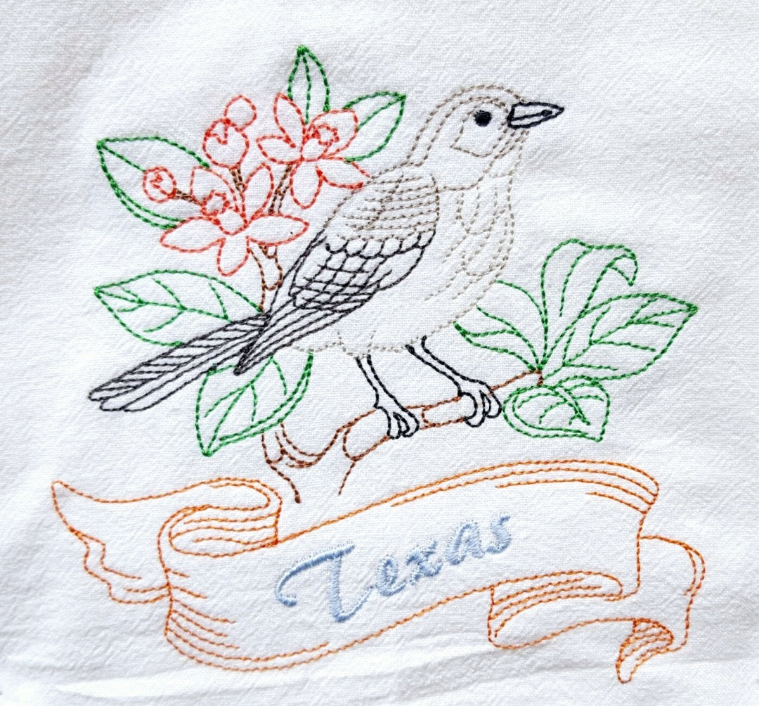 Texas State Bird Mockingbird OR State Flower Bluebonnet Machine Embroidered Flour Sack Dish Towels