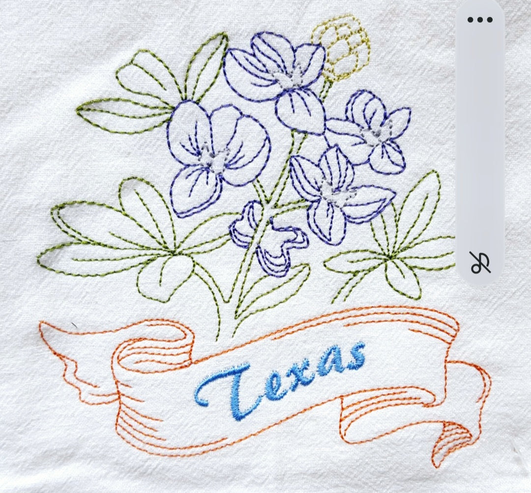 Texas State Bird Mockingbird OR State Flower Bluebonnet Machine Embroidered Flour Sack Dish Towels