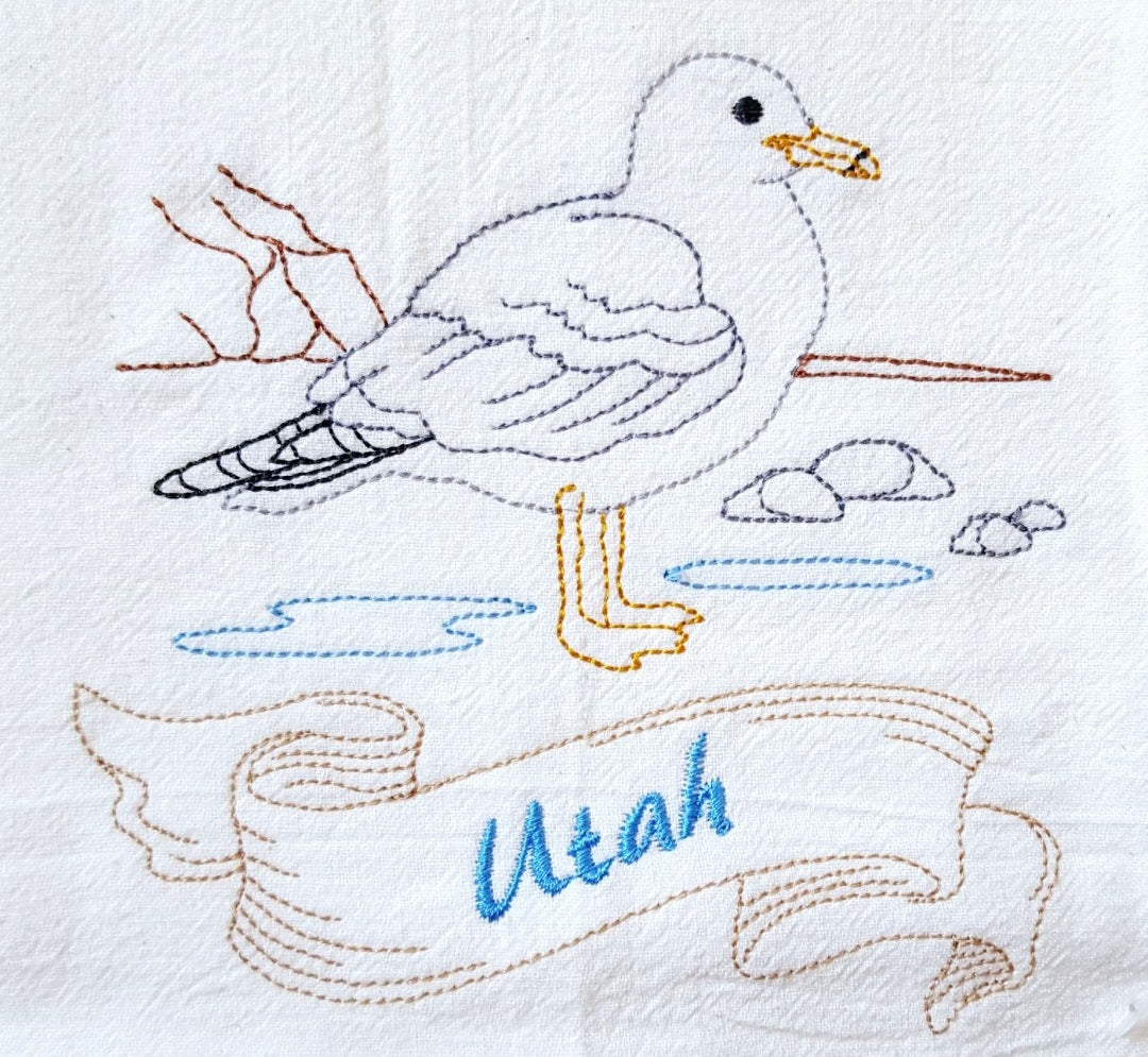 Utah State Bird California Gull OR State Flower Sego Lily Machine Embroidered Flour Sack Dish Towels