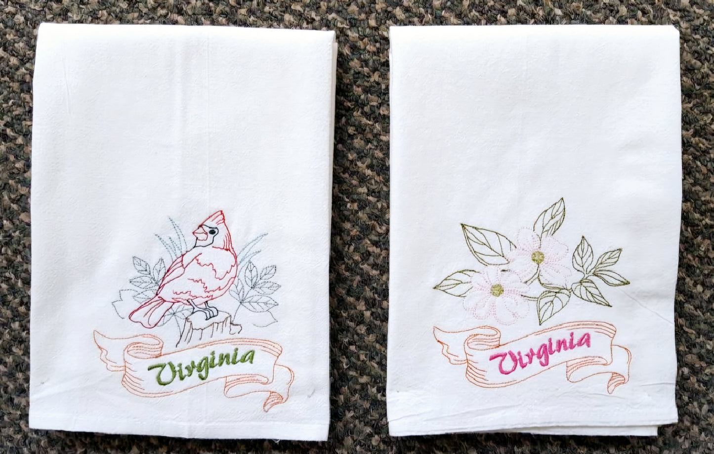 Virginia State Bird Cardinal OR State Flower Dogwood Machine Embroidered Flour Sack Dish Towels