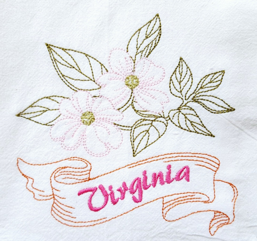 Virginia State Bird Cardinal OR State Flower Dogwood Machine Embroidered Flour Sack Dish Towels