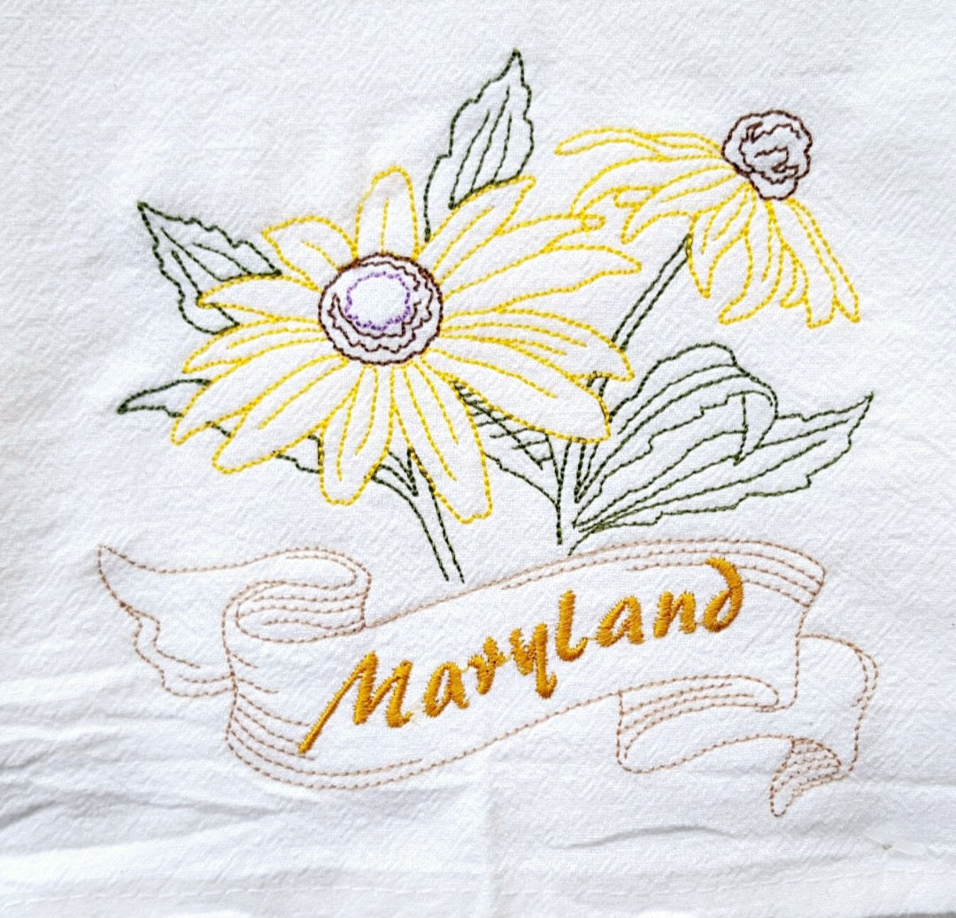 Maryland State Bird Baltimore Oriole OR State Flower Black Eyed Susan Machine Embroidered Flour Sack Dish Towels