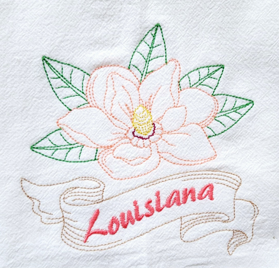 Louisiana State Bird Eastern Brown Pelican OR State Flower Magnolia Machine Embroidered Flour Sack Dish Towels