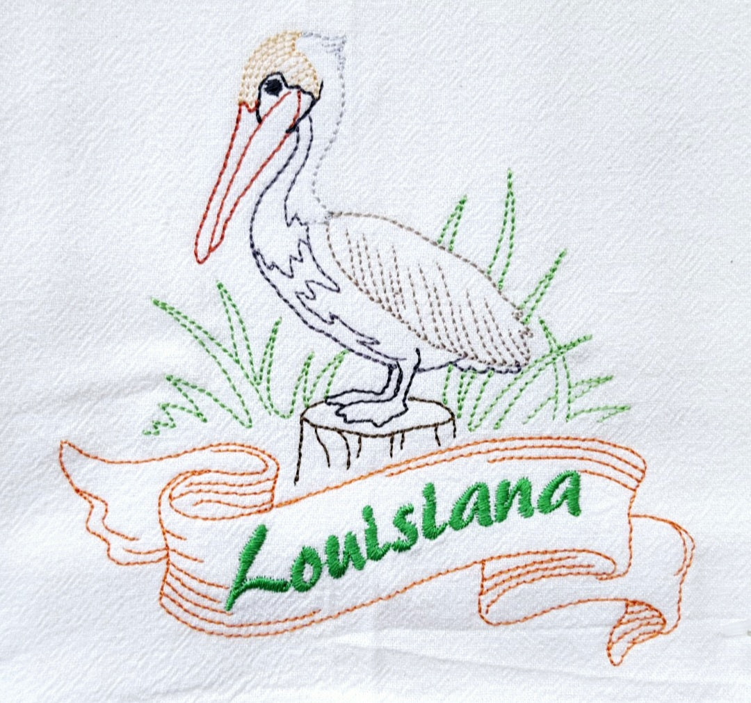 Louisiana State Bird Eastern Brown Pelican OR State Flower Magnolia Machine Embroidered Flour Sack Dish Towels