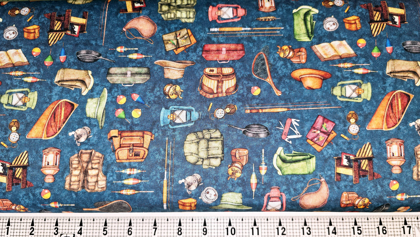 Quilting Treasures Fishing Equipment on Navy 2600-30069-Q Fabric by the Yard//Piece