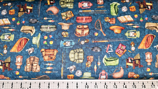 Quilting Treasures Fishing Equipment on Navy 2600-30069-Q Fabric by the Yard//Piece