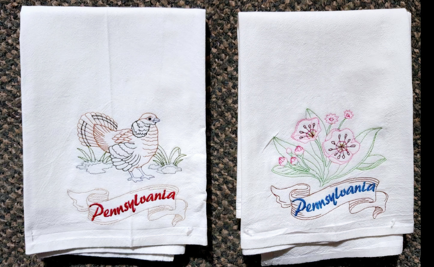 Pennsylvania State Bird Ruffed Grouse OR State Flower Mountain Laurel Machine Embroidered Flour Sack Dish Towels