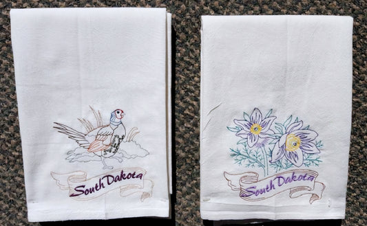 South Dakota State Bird Ring-Necked Pheasant OR State Flower Pasque Flower Machine Embroidered Flour Sack Dish Towels