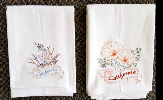 California State Bird Quail OR State Flower California Poppy Machine Embroidered Flour Sack Dish Towel