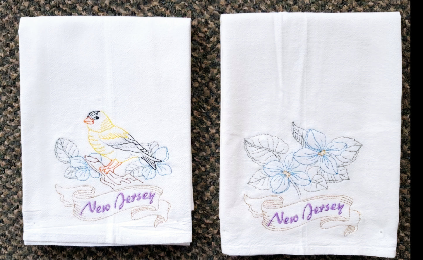 New Jersey State Bird Eastern Goldfinch OR State Flower Violet Machine Embroidered Flour Sack Dish Towels