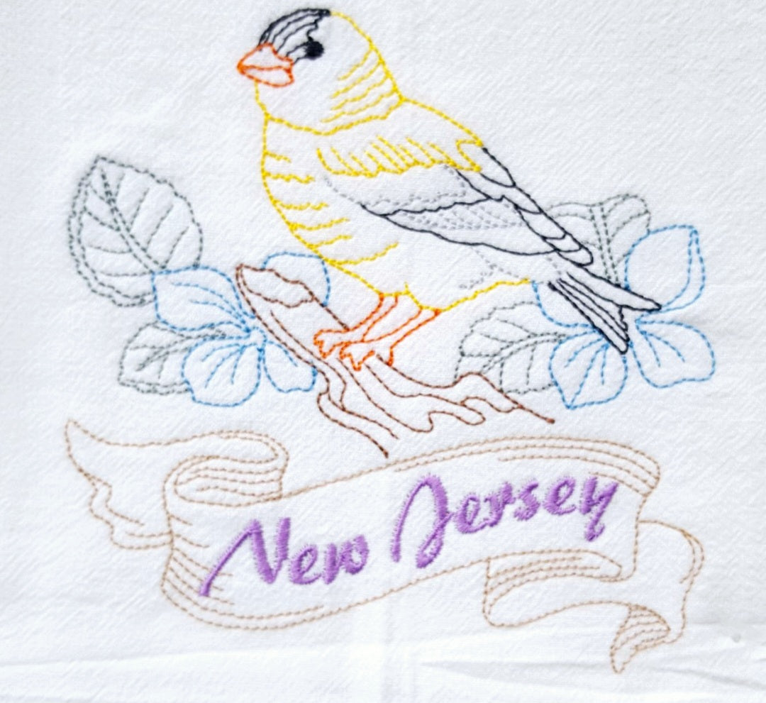 New Jersey State Bird Eastern Goldfinch OR State Flower Violet Machine Embroidered Flour Sack Dish Towels