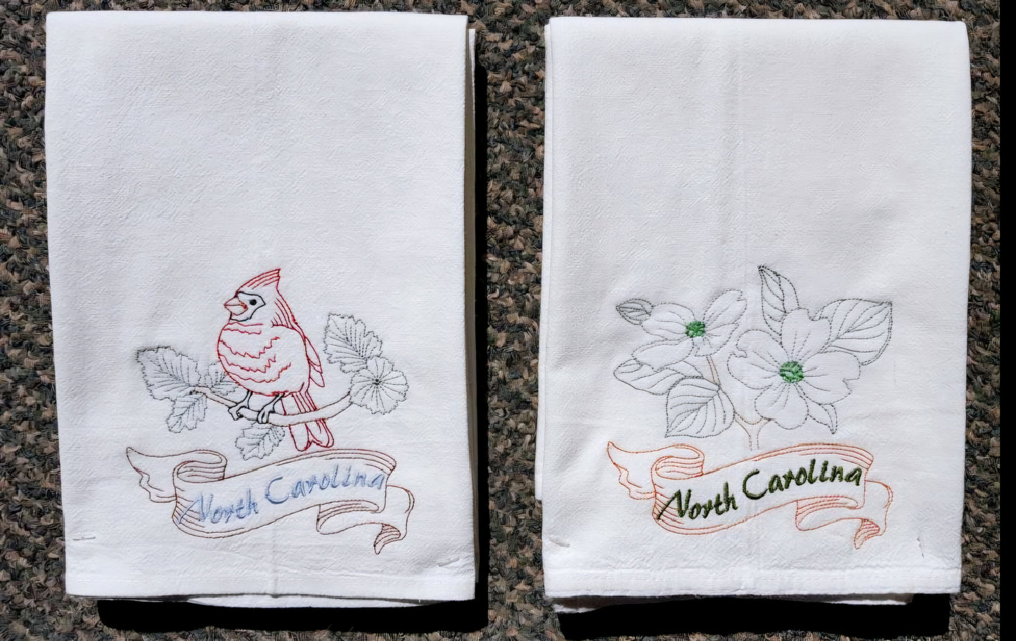 North Carolina State Bird Cardinal OR State Flower Dogwood Machine Embroidered Flour Sack Dish Towels