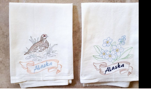 Alaska State Bird Quail OR State Flower Machine Embroidered Flour Sack Dish Towel