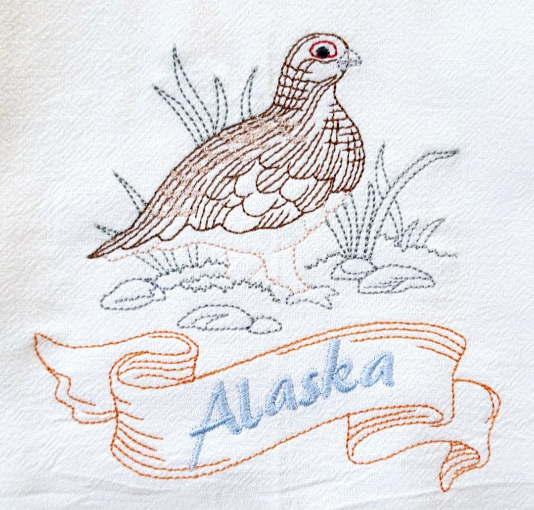 Alaska State Bird Quail OR State Flower Machine Embroidered Flour Sack Dish Towel