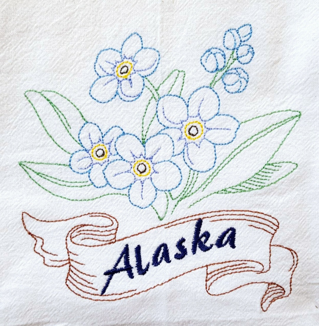 Alaska State Bird Quail OR State Flower Machine Embroidered Flour Sack Dish Towel