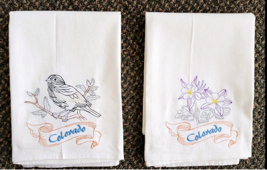 Colorado State Bird Lark Bunting OR State Flower Columbine Machine Embroidered Flour Sack Dish Towels