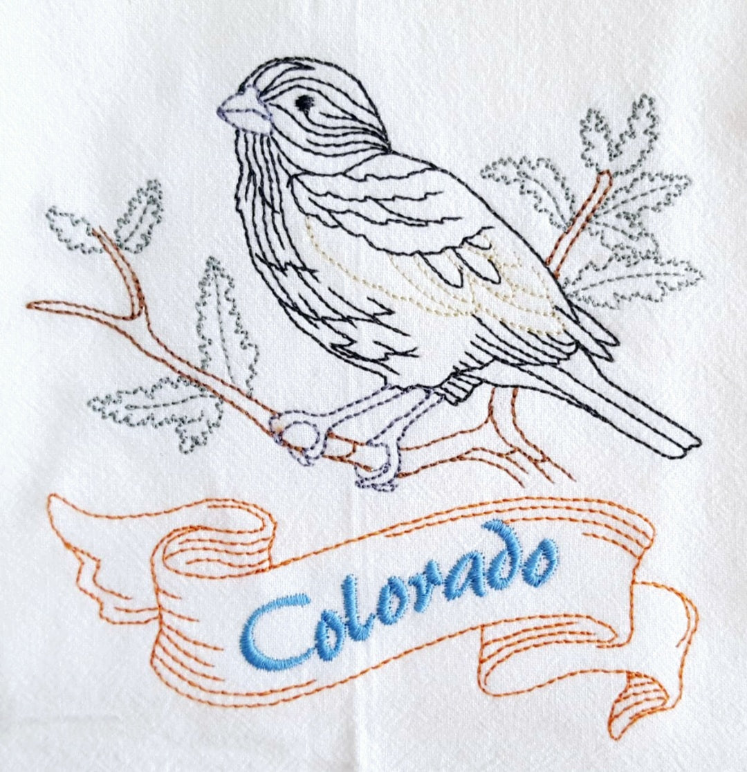 Colorado State Bird Lark Bunting OR State Flower Columbine Machine Embroidered Flour Sack Dish Towels