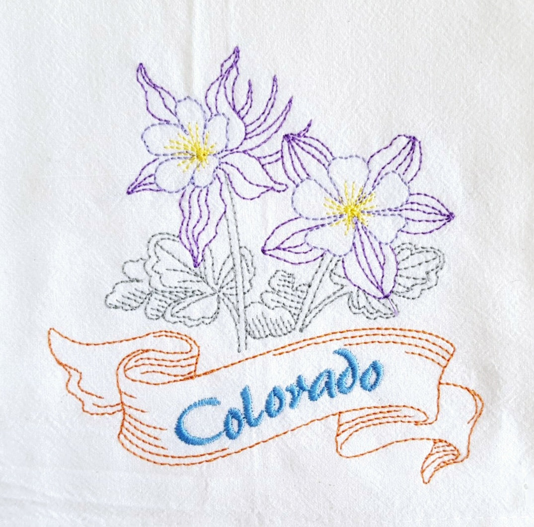 Colorado State Bird Lark Bunting OR State Flower Columbine Machine Embroidered Flour Sack Dish Towels