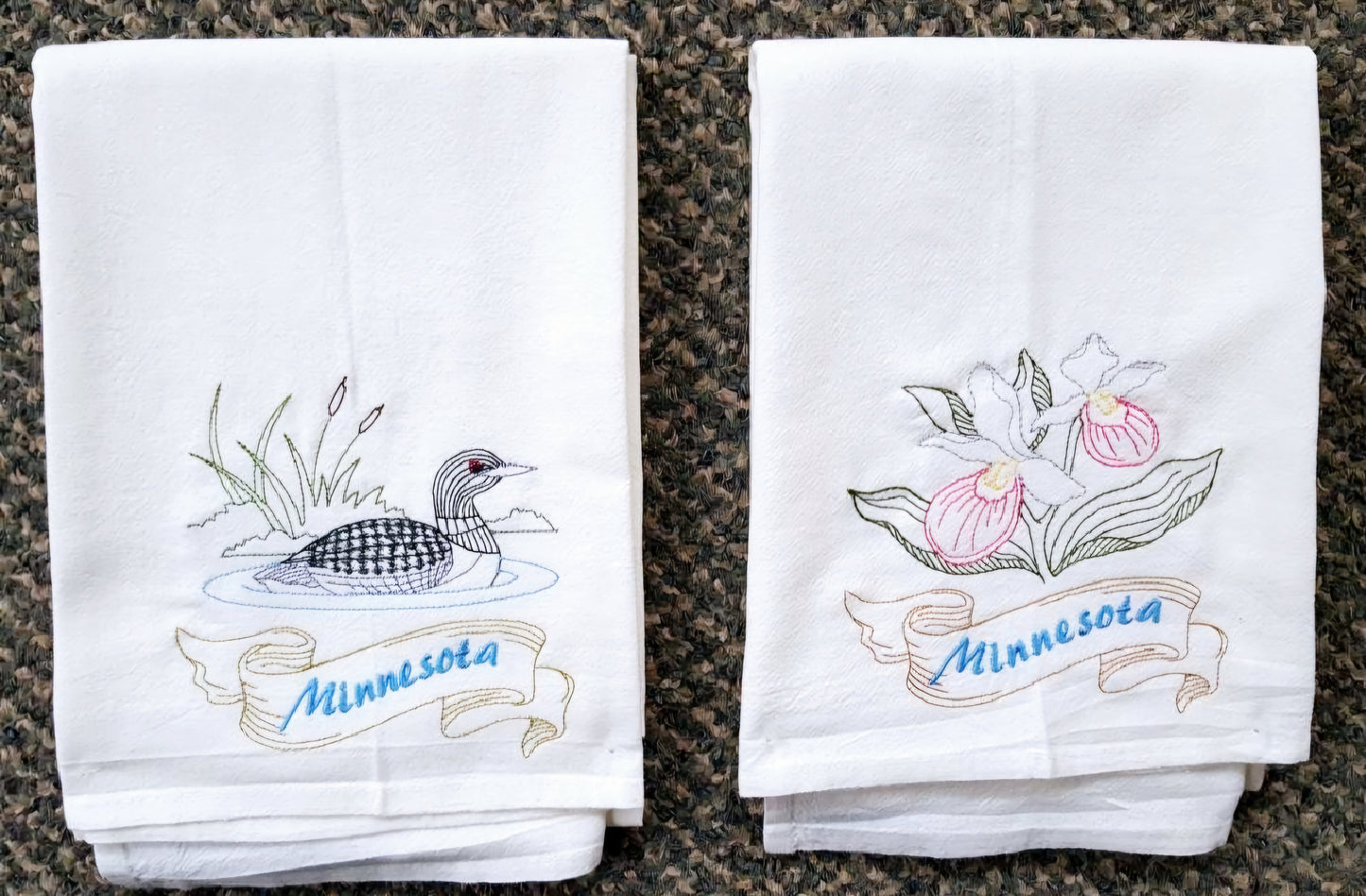 Minnesota State Bird Common Loon OR State Flower Showy Lady Slipper Machine Embroidered Flour Sack Dish Towels