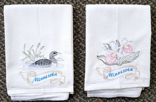 Minnesota State Bird Common Loon OR State Flower Showy Lady Slipper Machine Embroidered Flour Sack Dish Towels