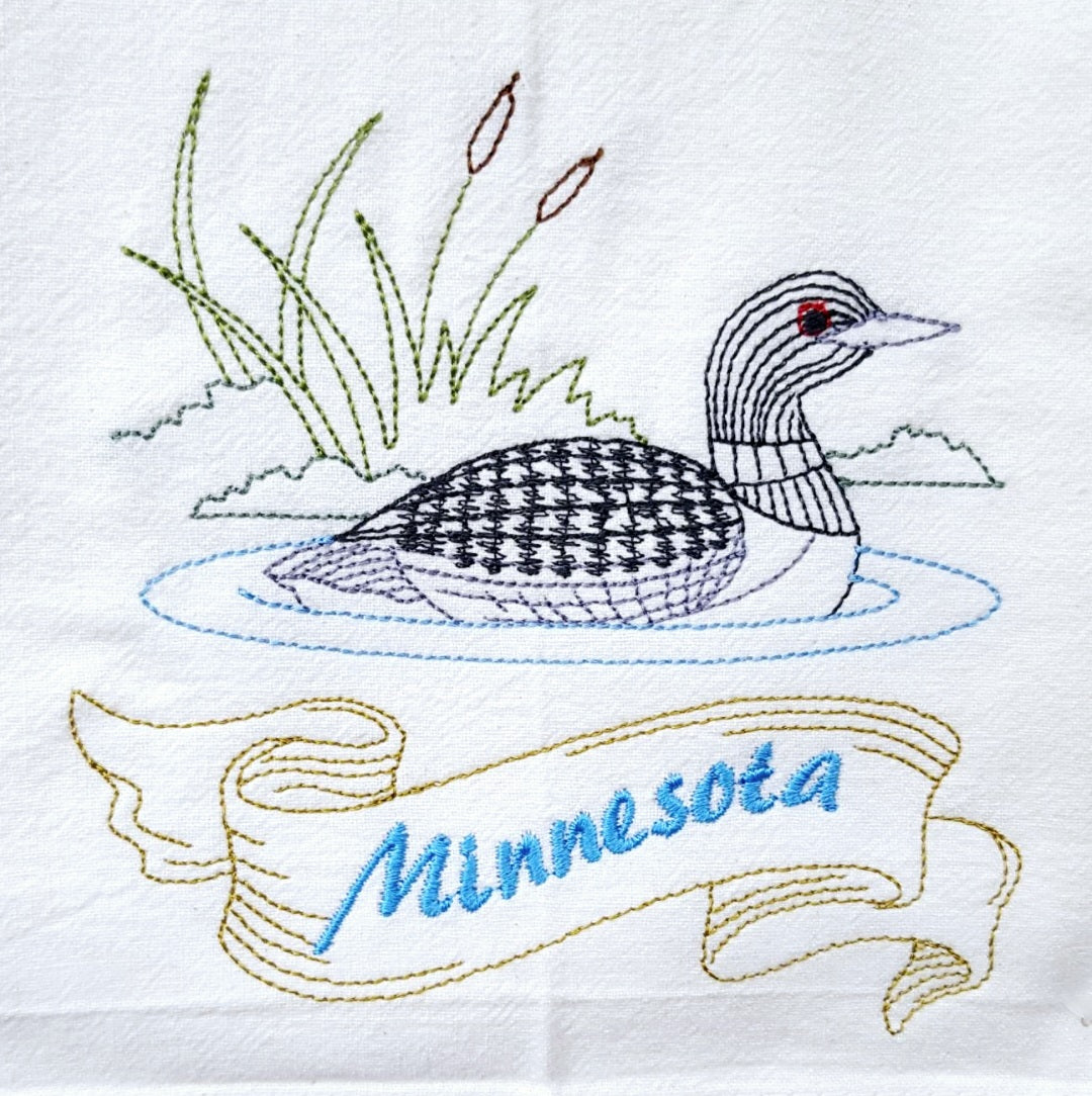 Minnesota State Bird Common Loon OR State Flower Showy Lady Slipper Machine Embroidered Flour Sack Dish Towels