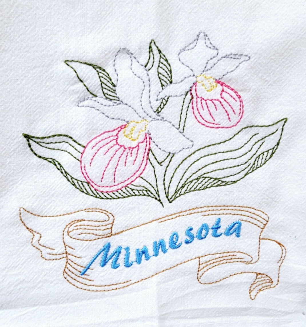 Minnesota State Bird Common Loon OR State Flower Showy Lady Slipper Machine Embroidered Flour Sack Dish Towels