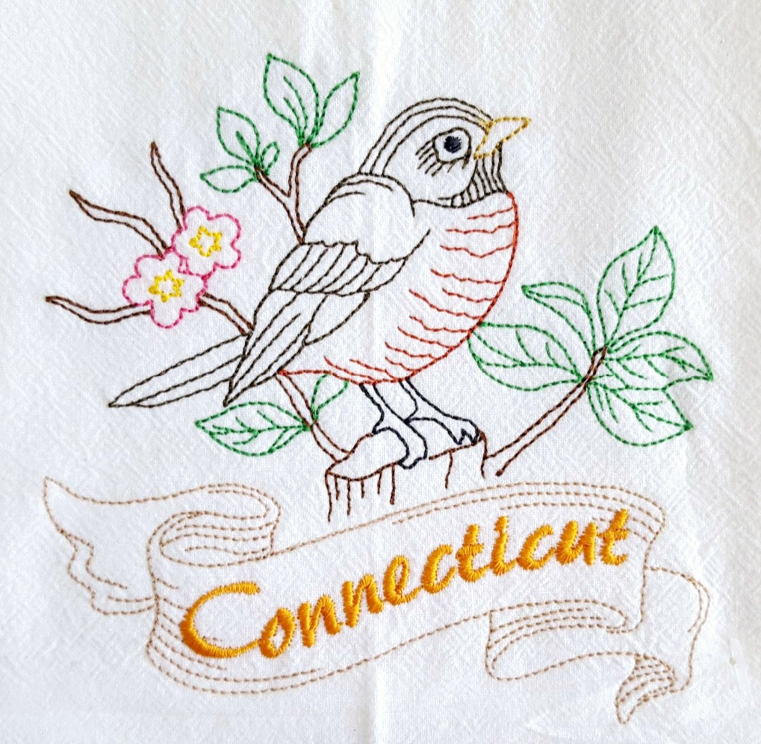 Connecticut State Bird Robin OR State Flower Mountain Laurel Machine Embroidered Flour Sack Dish Towels