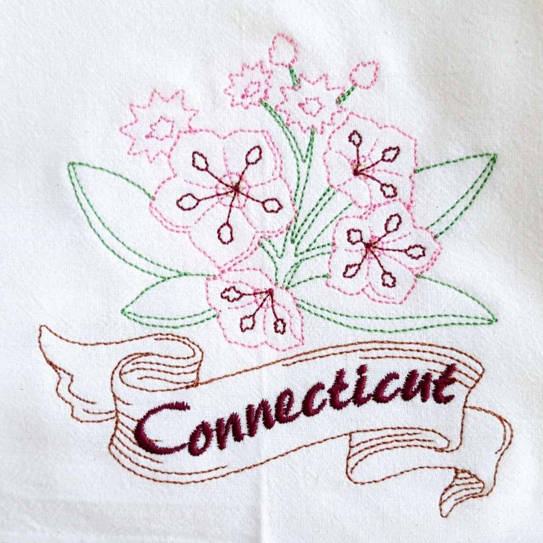 Connecticut State Bird Robin OR State Flower Mountain Laurel Machine Embroidered Flour Sack Dish Towels