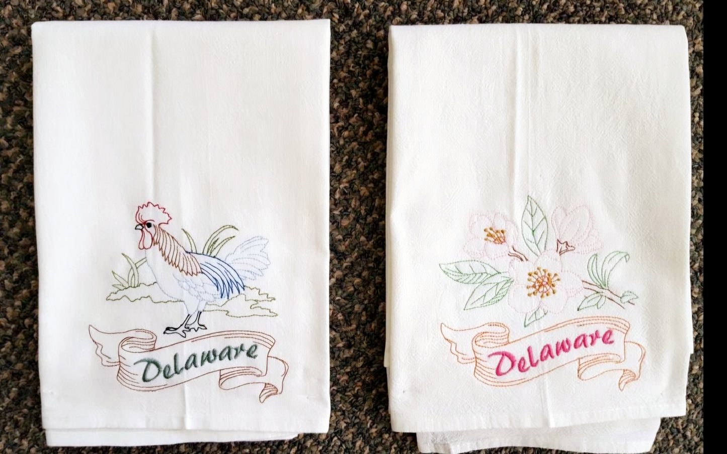 Delaware State Bird Blue Hen Chicken OR State Flower Peach Blossom Machine Embroidered Flour Sack Dish Towels