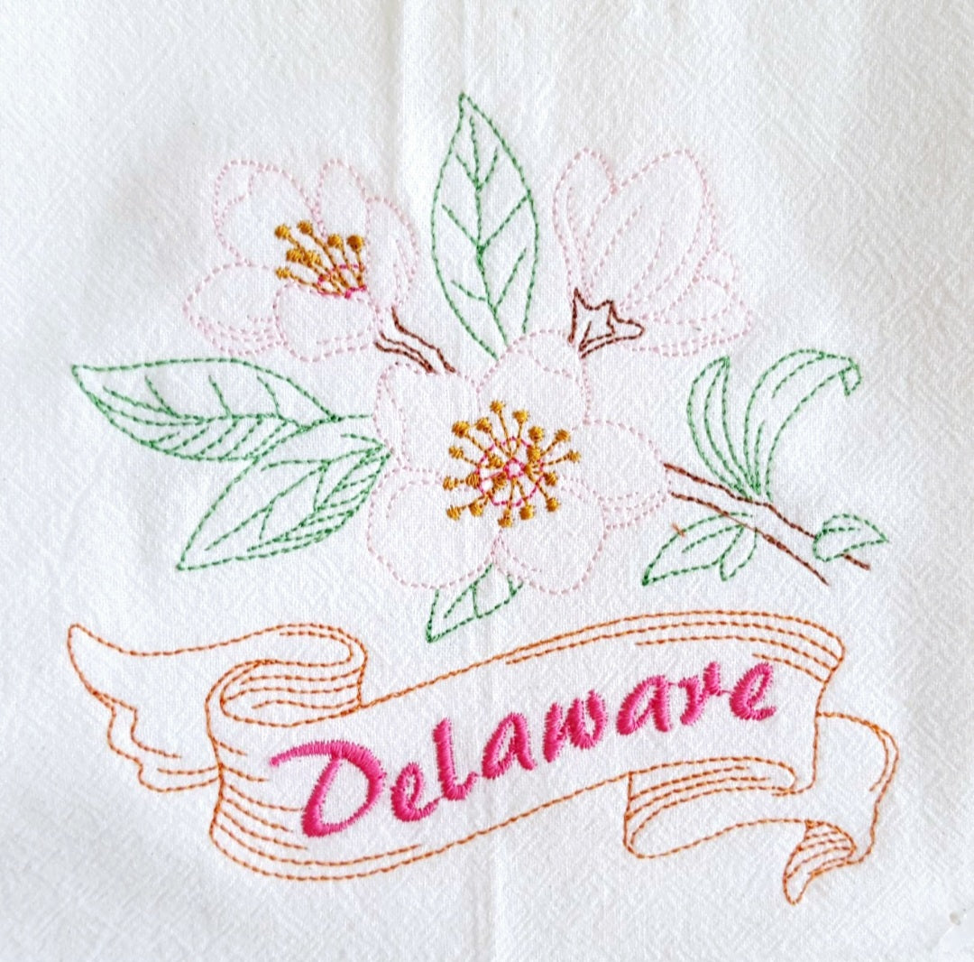 Delaware State Bird Blue Hen Chicken OR State Flower Peach Blossom Machine Embroidered Flour Sack Dish Towels