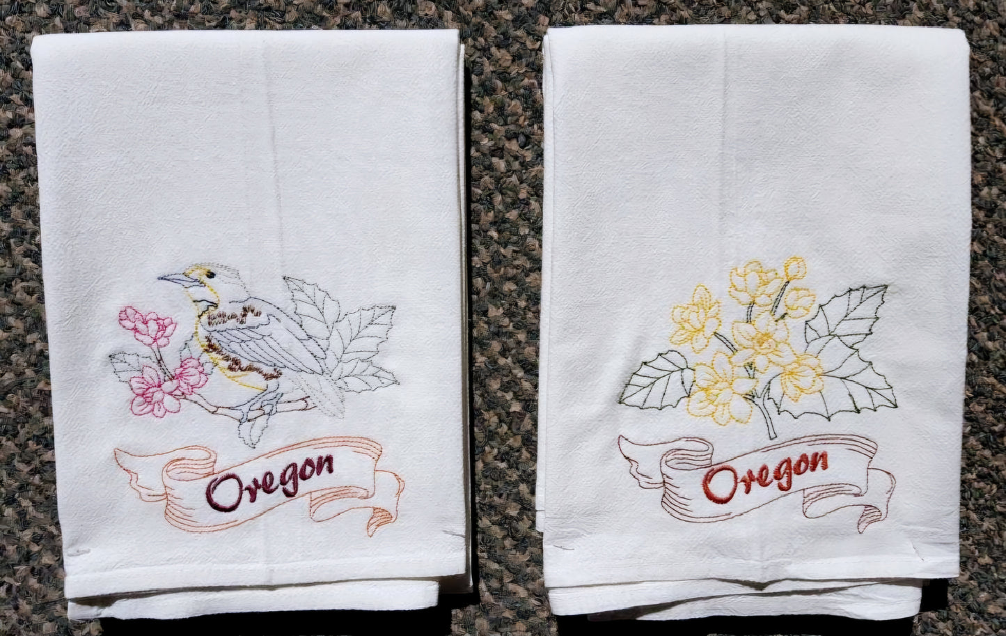 Oregon State Bird Western Meadowlark OR State Flower Oregon Grape Machine Embroidered Flour Sack Dish Towels