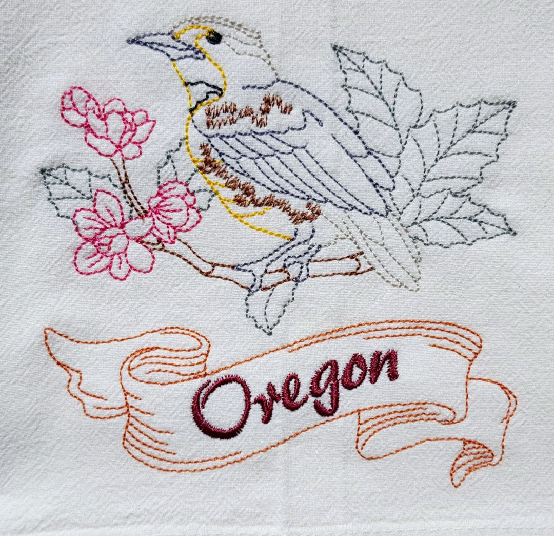 Oregon State Bird Western Meadowlark OR State Flower Oregon Grape Machine Embroidered Flour Sack Dish Towels