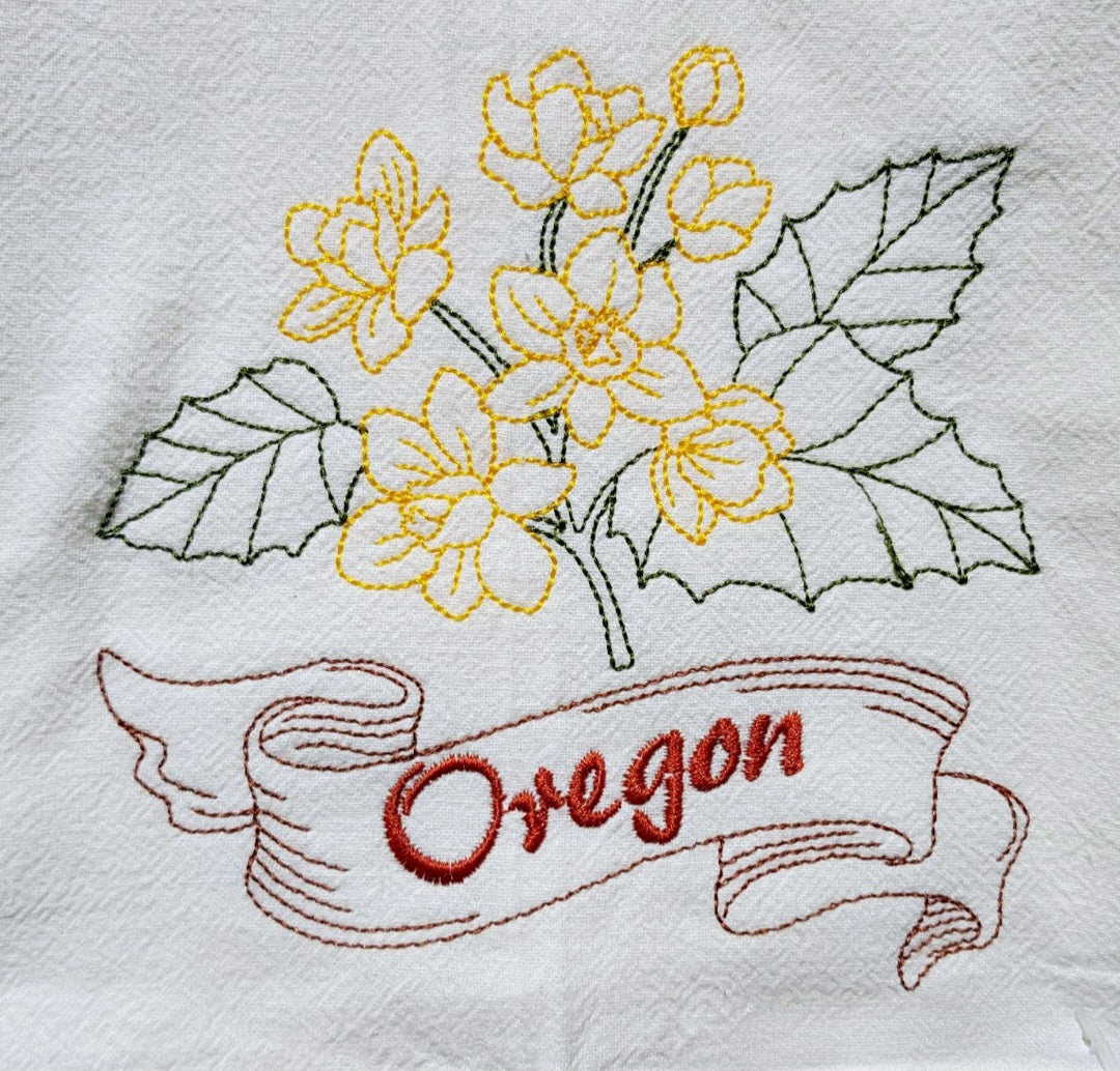 Oregon State Bird Western Meadowlark OR State Flower Oregon Grape Machine Embroidered Flour Sack Dish Towels