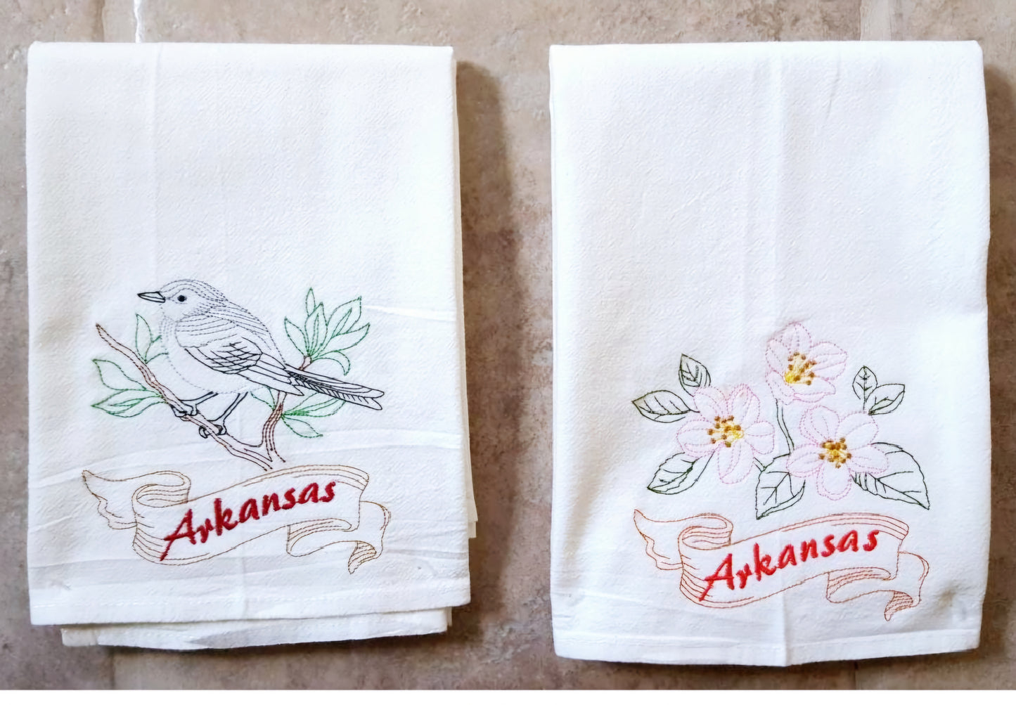 Arkansas State Bird Mockingbird OR State Flower Apple Blossom Machine Embroidered Flour Sack Dish Towels