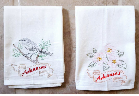 Arkansas State Bird Mockingbird OR State Flower Apple Blossom Machine Embroidered Flour Sack Dish Towels