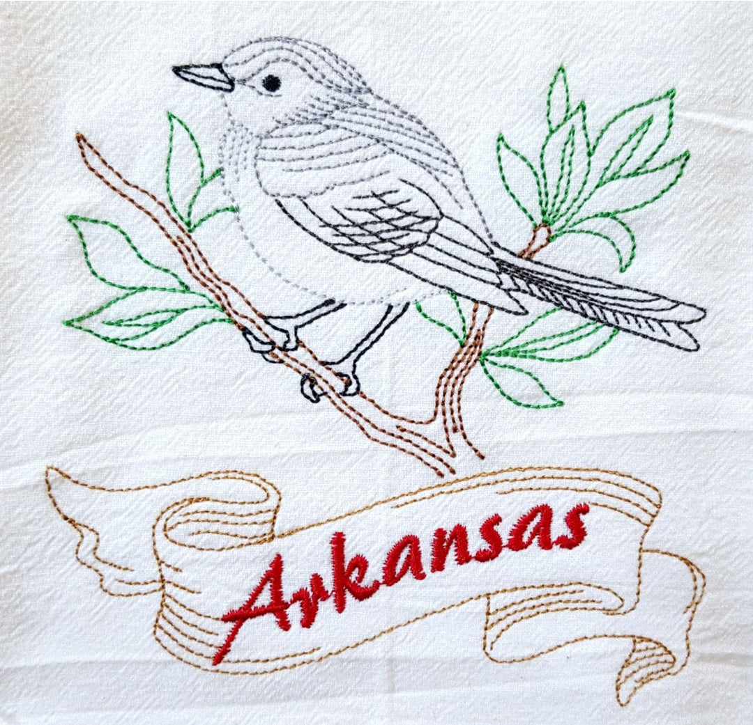 Arkansas State Bird Mockingbird OR State Flower Apple Blossom Machine Embroidered Flour Sack Dish Towels