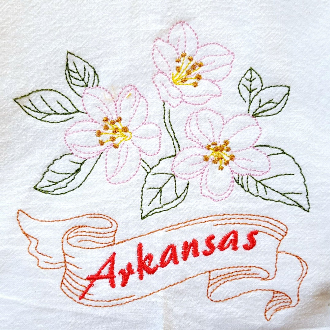 Arkansas State Bird Mockingbird OR State Flower Apple Blossom Machine Embroidered Flour Sack Dish Towels